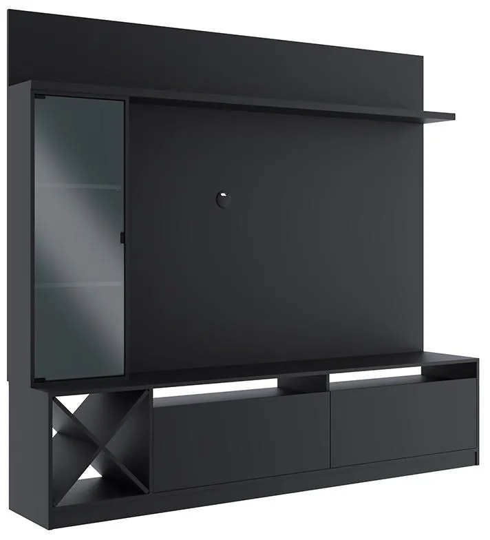Painel Home Suspenso Sala Para Tv Vidro E 7 Prateleiras - Preto