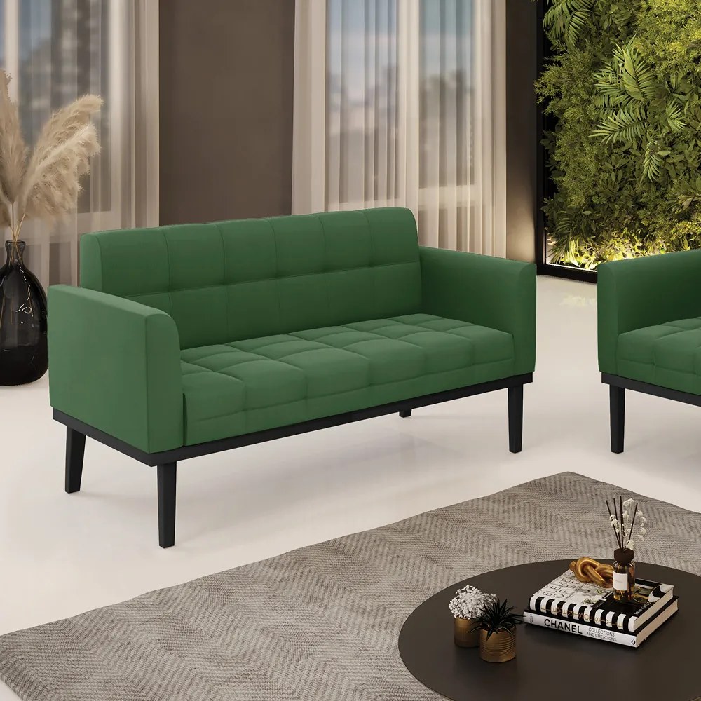 Sofá Namoradeira 2 Lugares Base de Madeira Preto Elisa Suede D03 - D'Rossi - Verde