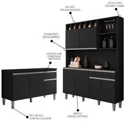 Cozinha Compacta Alice e Balcão Gabinete Com Tampo Tatiane 120cm Preto