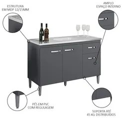 Balcão Gabinete Com Pia Inox 120cm 3 Portas e 1 Gaveta Gabriela Cinza