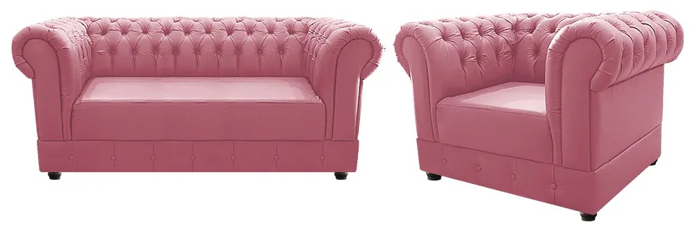 Kit Poltrona e Namoradeira Chesterfield Ana Suede Rosa Bebê - ADJ Decor