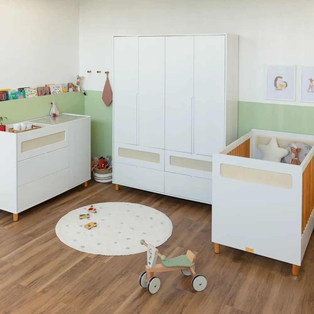 Kit Quarto Infantil Ollie - Berço Mini Cama + Cômoda 3 Gavetas e 1 Porta + Guarda-Roupa 4 Portas - Branco Fosco