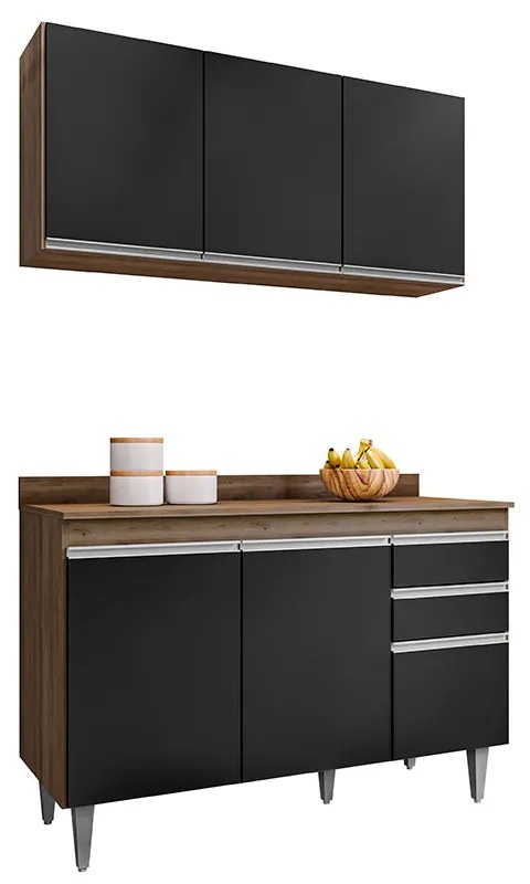Conjunto Balcão de Cozinha Pursat com Tampo e Armário Aéreo MDP/BP Freijó/Preto G96 - Gran Belo