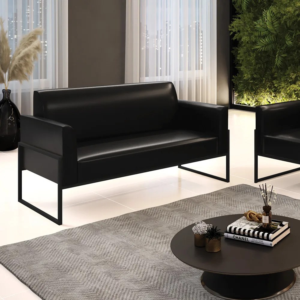 Sofá 2 Lugares Namoradeira Marisa Industrial Alta Preto Sintético Pu D03 - D'Rossi - Preto