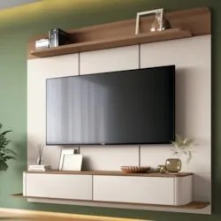 Painel TV 70 Pol 180cm Bancada Suspensa Galax Off/Castanho - HB Móveis
