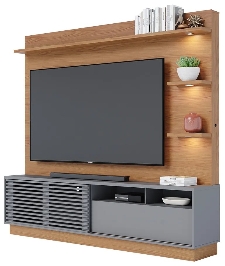 Estante de TV 70 Polegadas 200cm com Led Lidia C04 - D'Rossi - Freijó e Cinza Fosco