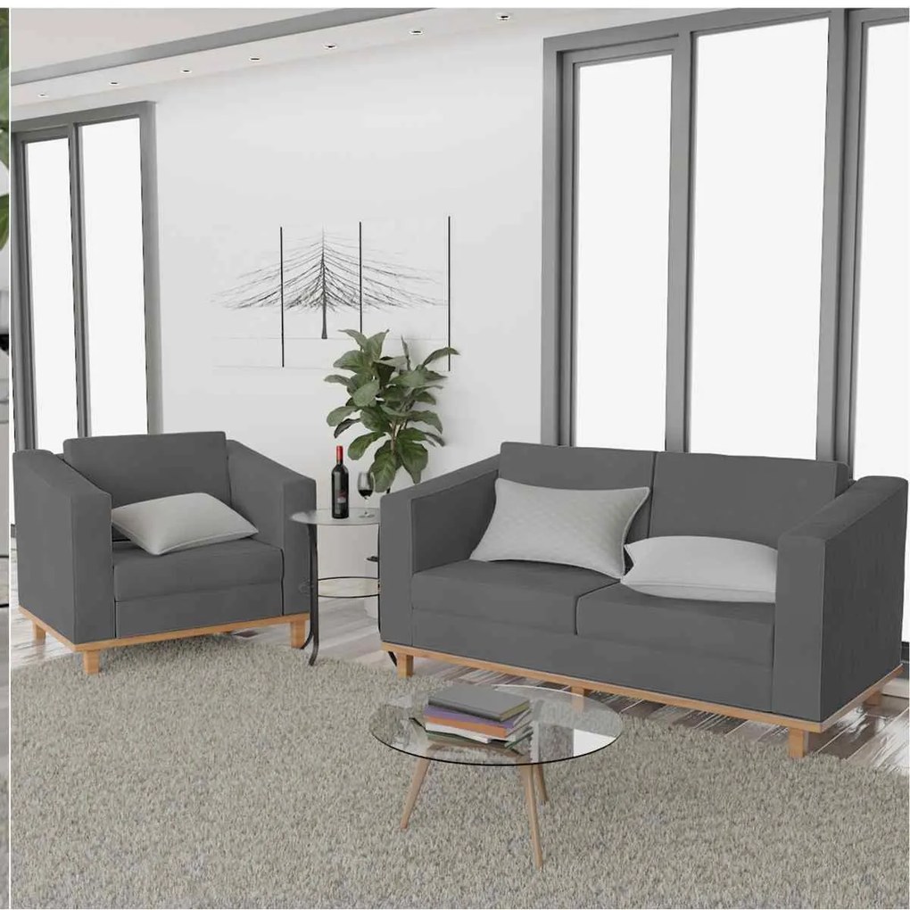 Kit Sofá 2 Lugares e Poltrona Europa Linho Chumbo ADJ Decor