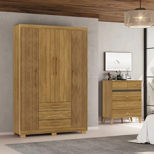 Guarda Roupa Espanha 4 Portas e 3 Gavetas Nature/Brisa - Vila Rica Móveis