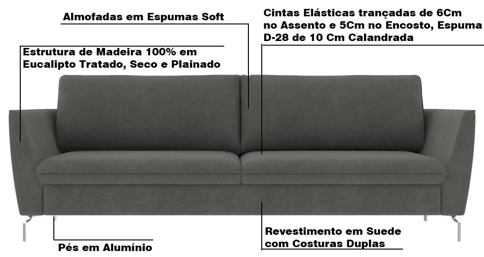 Sofá Decorativo Sala de Estar 190cm Olívia Suede Grafite G52 - Gran Belo