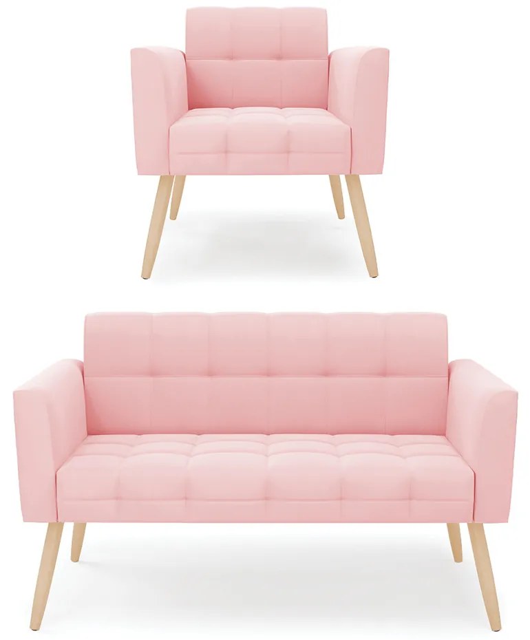 Kit 1 Sofá Namoradeira e 1 Poltrona Elisa Suede Rosa Bebê Pés Palito Natural - D'Rossi