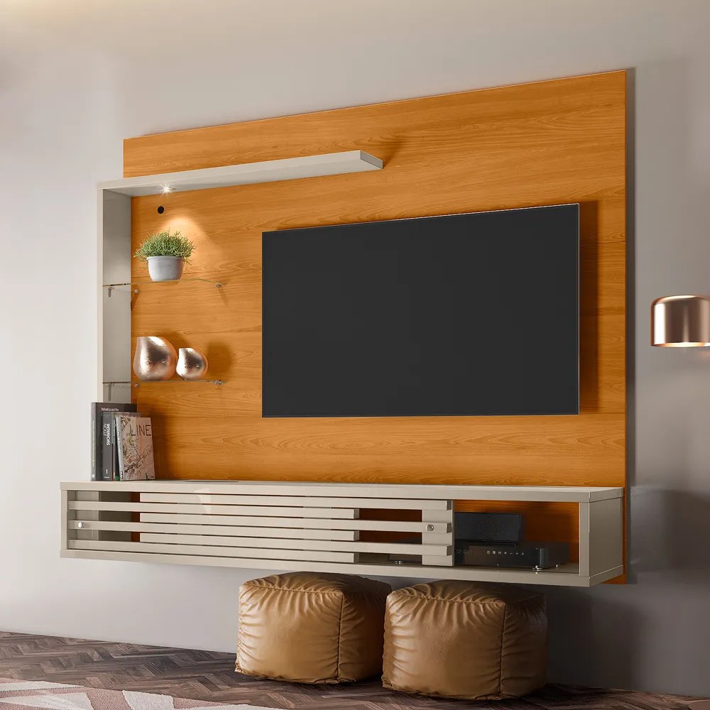Painel TV 50 Pol 160cm Bancada Suspensa Sala Ravian M20 - D'Rossi - Cinamomo e Off White