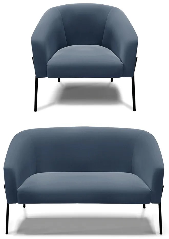 Sofá Namoradeira e Poltrona Pé de Ferro Preto Stella Suede D03 - D'Rossi - Azul Marinho