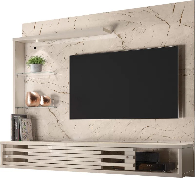 Painel TV 50 Pol 160cm Bancada Suspensa Sala Ravian Calacata/Off White M20 - D'Rossi