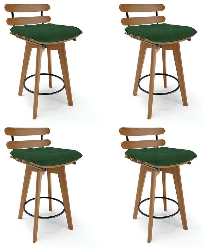 kit 04 Banquetas Giratória Costela Veludo Base Madeira MA70 - D'Rossi - Verde