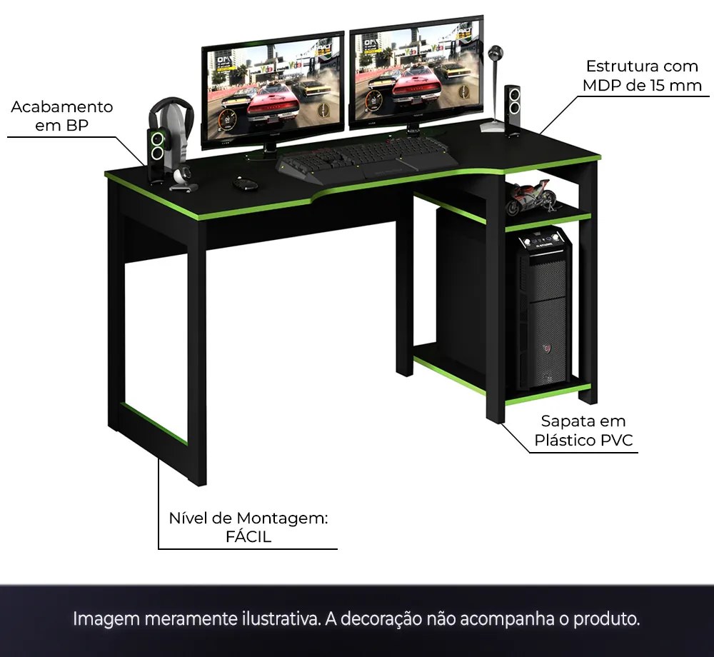Mesa para Escritório Home Office Gamer ME4152 MDP Preto/Verde G69 - Gran Belo
