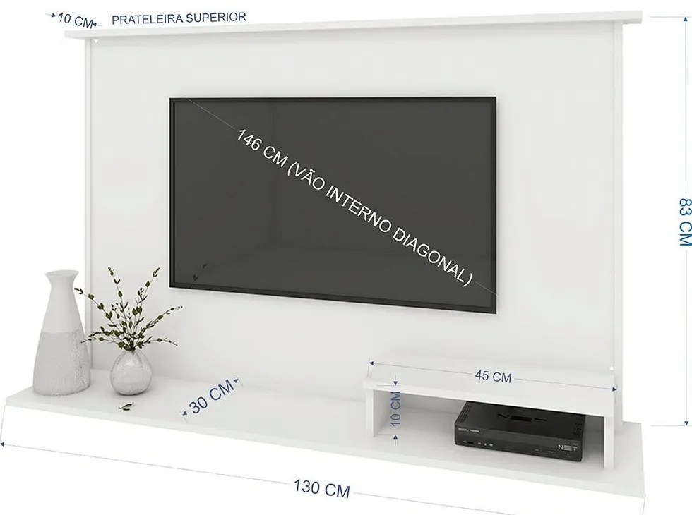 Painel Para TV Até 47" 1 Nicho 2 Prateleiras Premium Branco