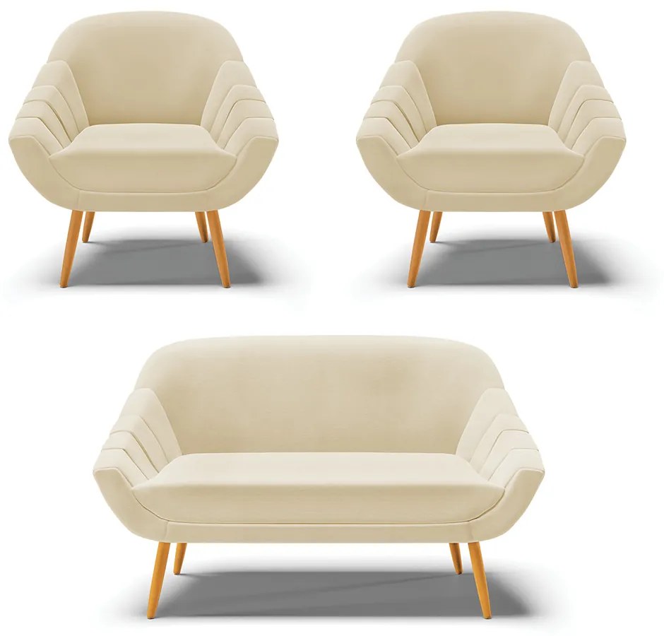 Kit 01 Namoradeira 02 Lugares e 02 Poltronas Giovana Linho Bege A19 Pés Palito Castanho - Indo Decorar