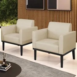 Poltrona Base Madeira Preto Kit 2 Maressa Veludo Luxo Off White - Ibiz