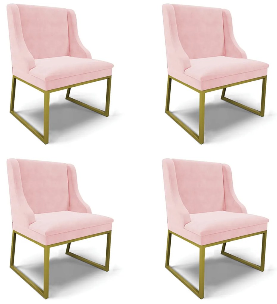 Cadeira Sala de Jantar Industrial Dourado Kit 4 Liz Suede D03 - D'Rossi - Rosa Bebê