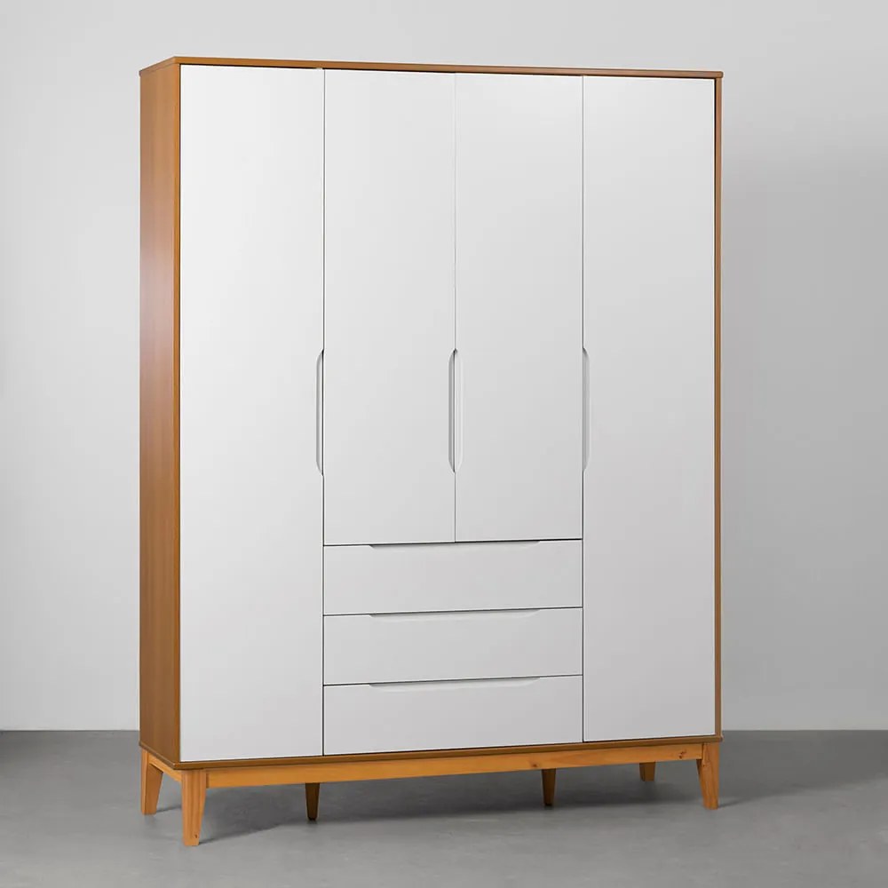 Guarda-Roupa Elfe 4 Portas e 3 Gavetas com Pés Square Mel - Branco  e Savana - Guarda-Roupa Elfe 4 Portas e 3 Gavetas com Pés Square Mel - Branco Fosco e Savana