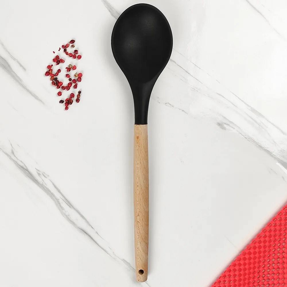 Colher de Silicone com Cabo de Madeira - Preto