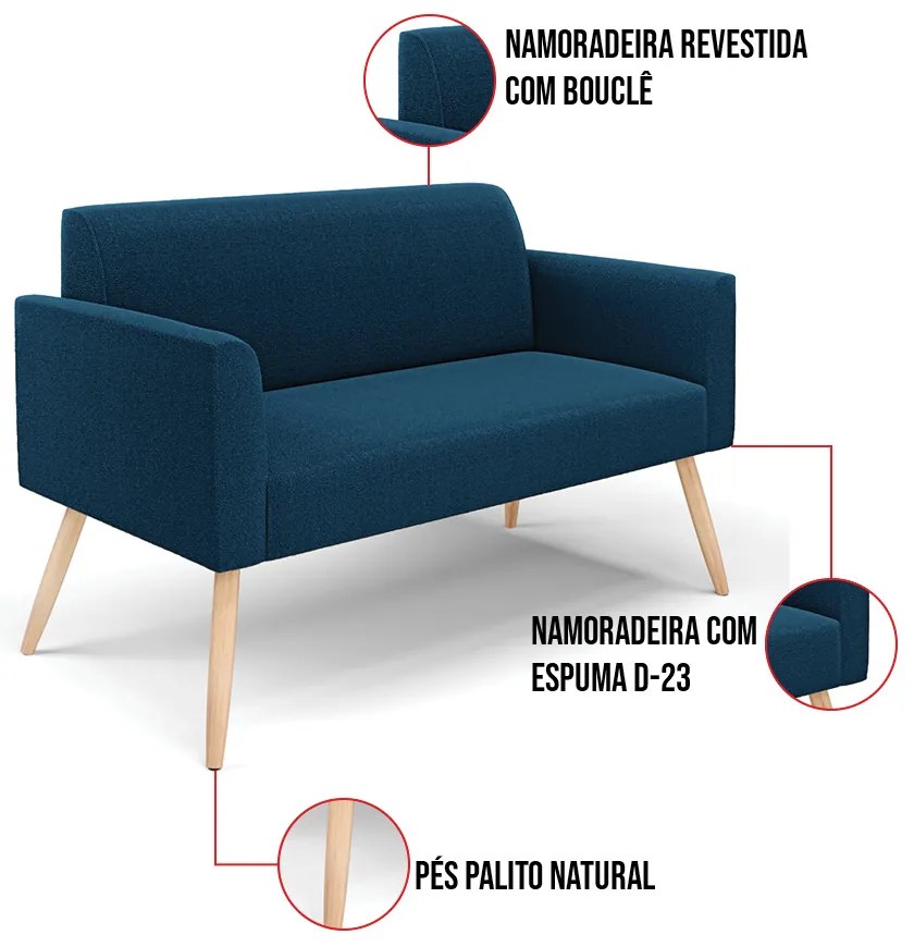 Sofá 2 Lugares Namoradeira Pé Palito Natural Marisa Bouclê D03 - D'Rossi - Azul