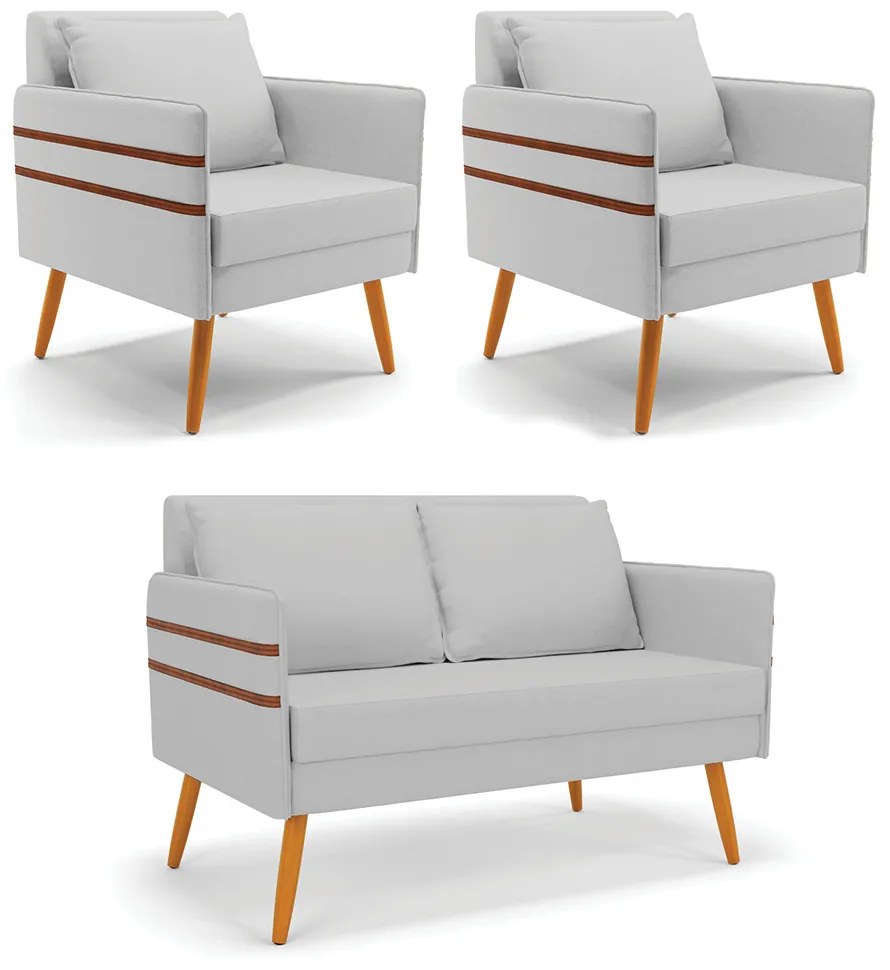 Kit 01 Namoradeira 02 Lugares e 02 Poltronas Mari Linho Cinza A05 Pés Palito Castanho - D'Rossi