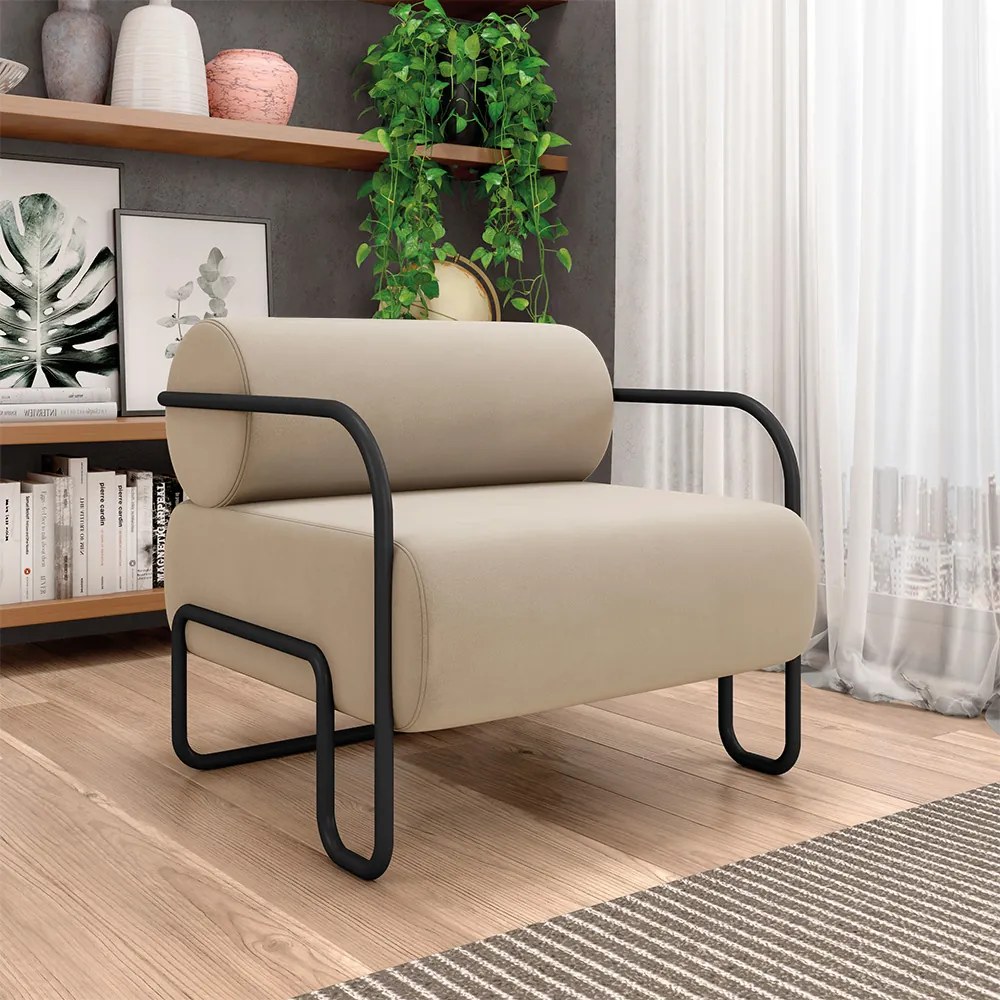 Poltrona Sala de Estar Industrial Preto Ameli Veludo K01 - D'Rossi - Bege