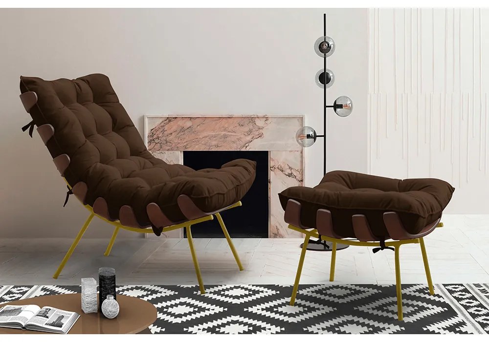 Kit 2 Puffs Decorativos Sala de Estar Abel Base de Madeira Dourada Suede Marrom G41 - Gran Belo