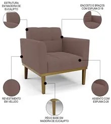 Sofá Namoradeira e 2 Poltronas Base Madeira Castanho Ana Veludo Rosê -