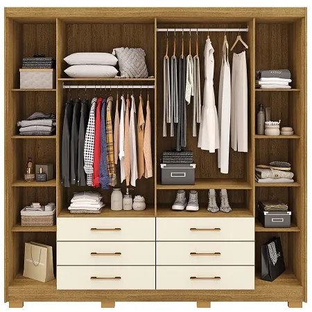 Guarda Roupa Com Espelho Canadá 6 Portas e 6 Gavetas Nature/Champanhe - Vila Rica Móveis