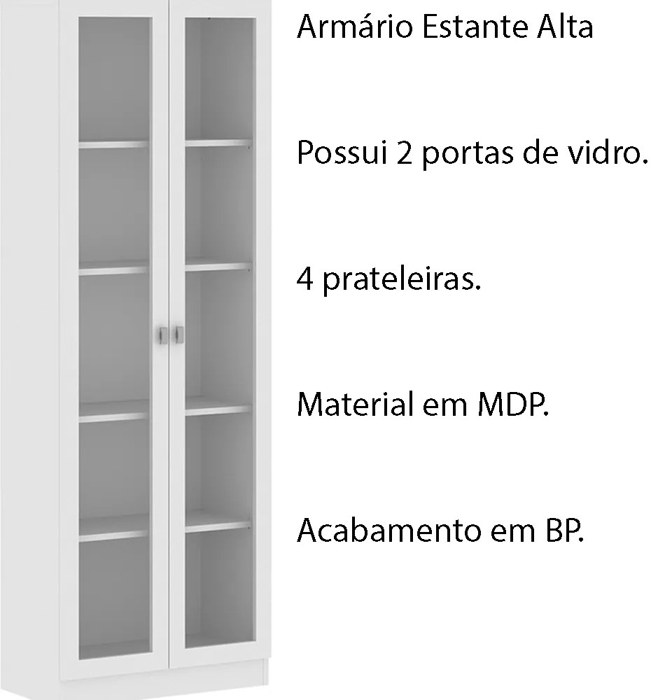 Armário Estante Alto Porta de Vidro ME4115 MDP Branco G69