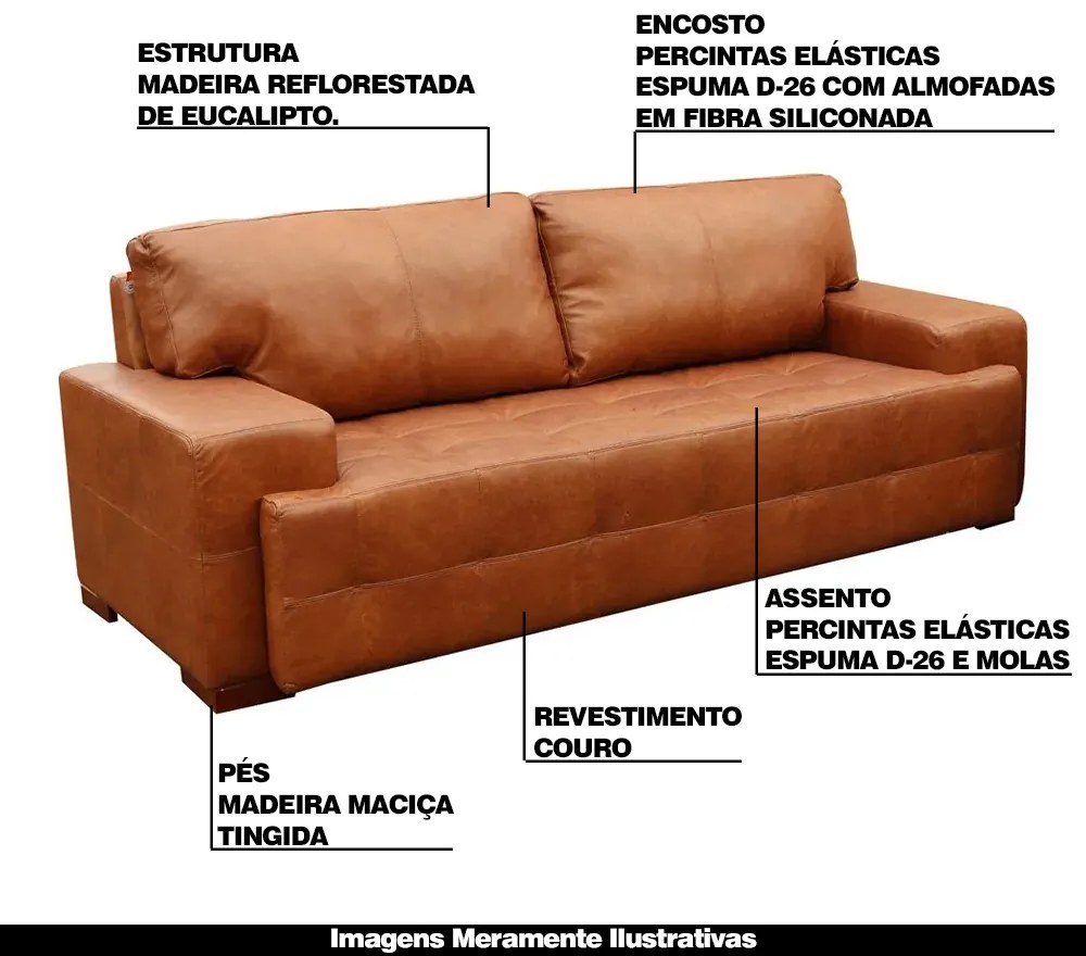 Sofá 3 Lugares Sala de Estar Roma 230 cm Couro Mel G58 - Gran Belo