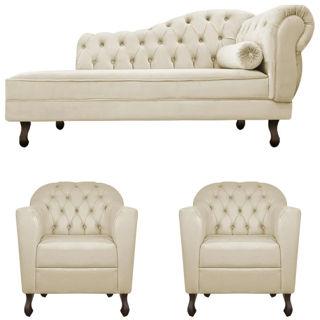 Kit Diva Recamier Diana 130cm Lado Esquerdo e 02 Poltronas Julia Suede - ADJ Decor