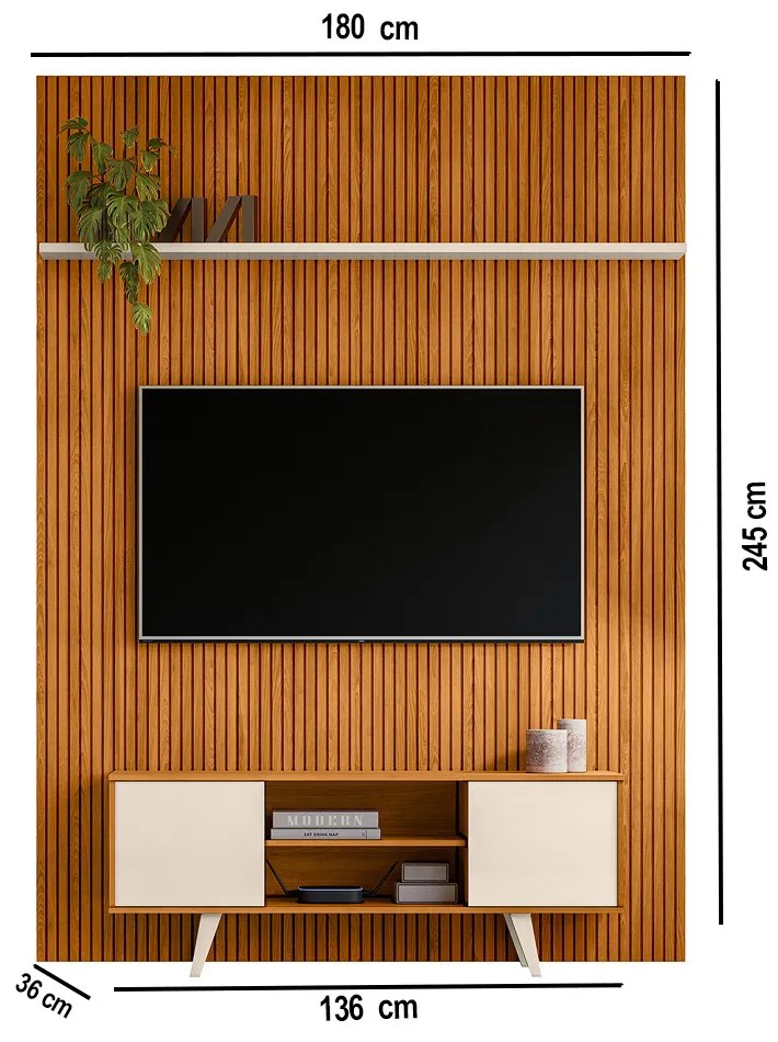 Painel TV 65 Pol 179cm Ripado Valen e Rack Bancada Korelli Cinamomo/Off White M20 - D'Rossi