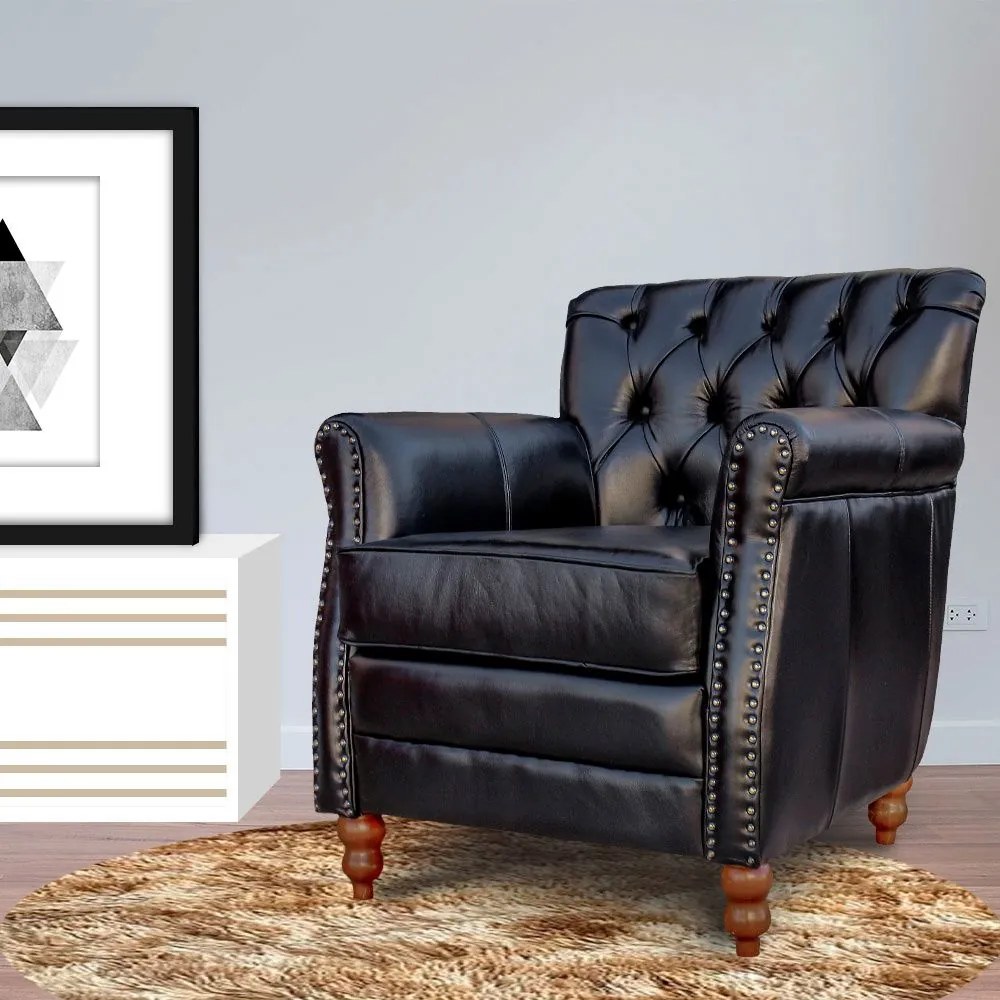 Kit 04 Poltronas Decorativas Sala de Estar Níger Pés Madeira Couro Preto G58 - Gran Belo