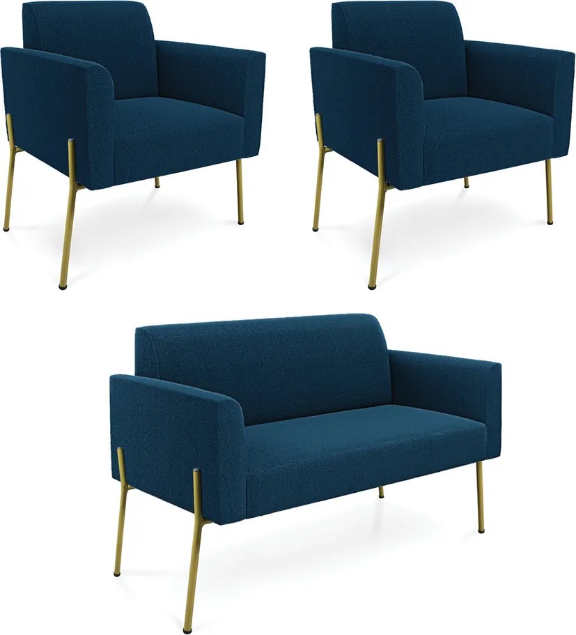 Namoradeira e 2 Poltronas Pé Ferro Dourado Marisa Bouclê Azul D03 - D'Rossi