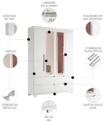 Guarda Roupa Solteiro 160cm com Espelho Doble Branco - Albatroz