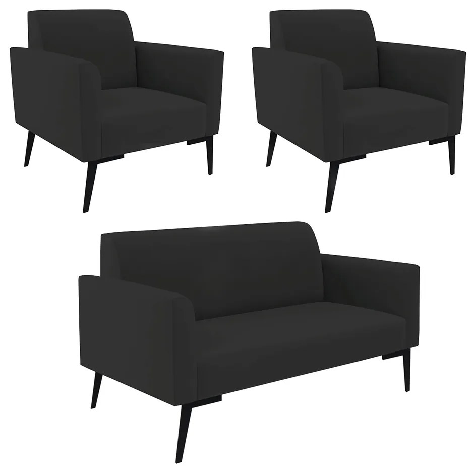 Sofá Namoradeira com 2 Poltronas Pés Villach Marisa Veludo D03 - DRossi - Preto