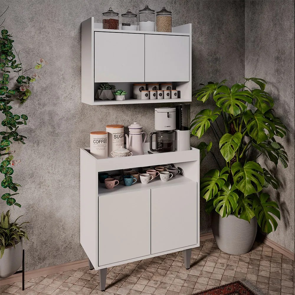Conjunto Armário Cantinho do Café Chico 2 Portas com Aéreo Branco G96 - Gran Belo