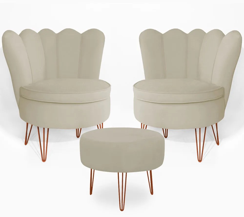 Conjunto 2 Poltrona Dália com Puff Chloe Pés Hairpin Legs Bronze Veludo Bege