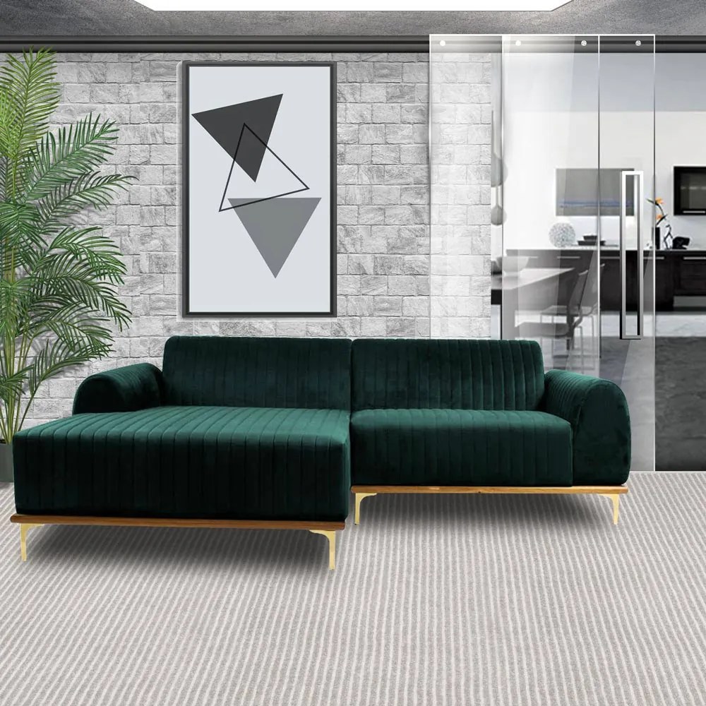 Sofá 4 Lugares Bipartido com Chaise Lado Direito Base de Madeira Euro 255 cm Veludo Verde G15 - Gran Belo