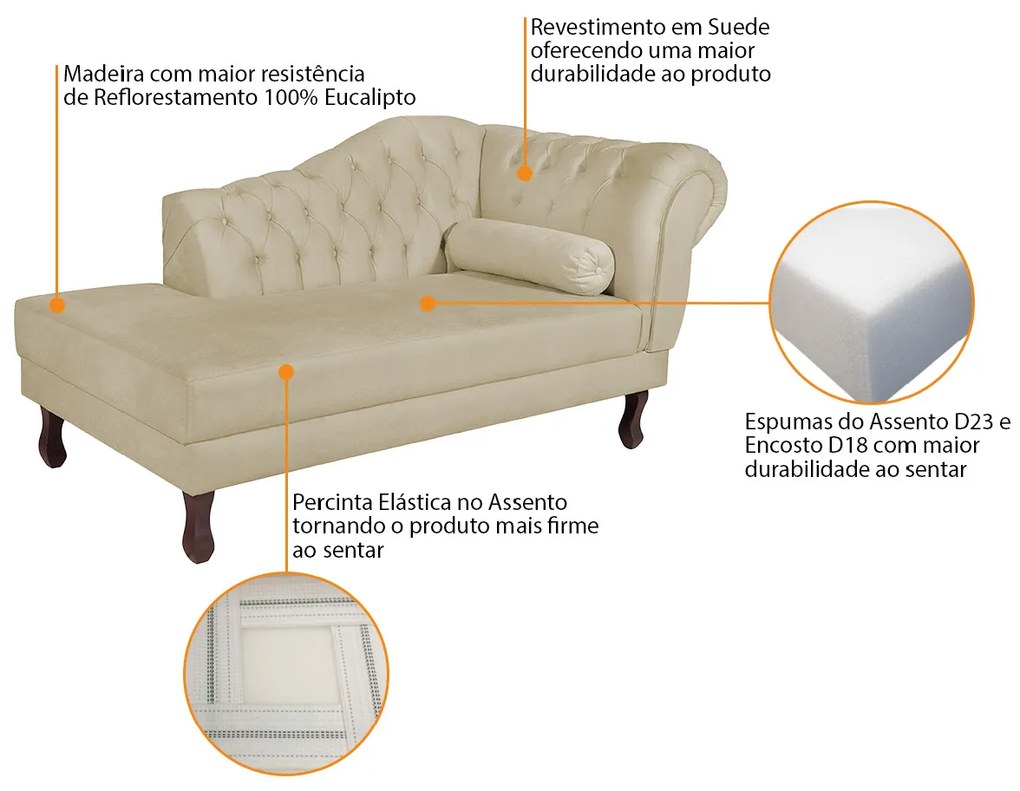 Recamier Diana 185cm Lado Esquerdo Suede Bege - ADJ Decor
