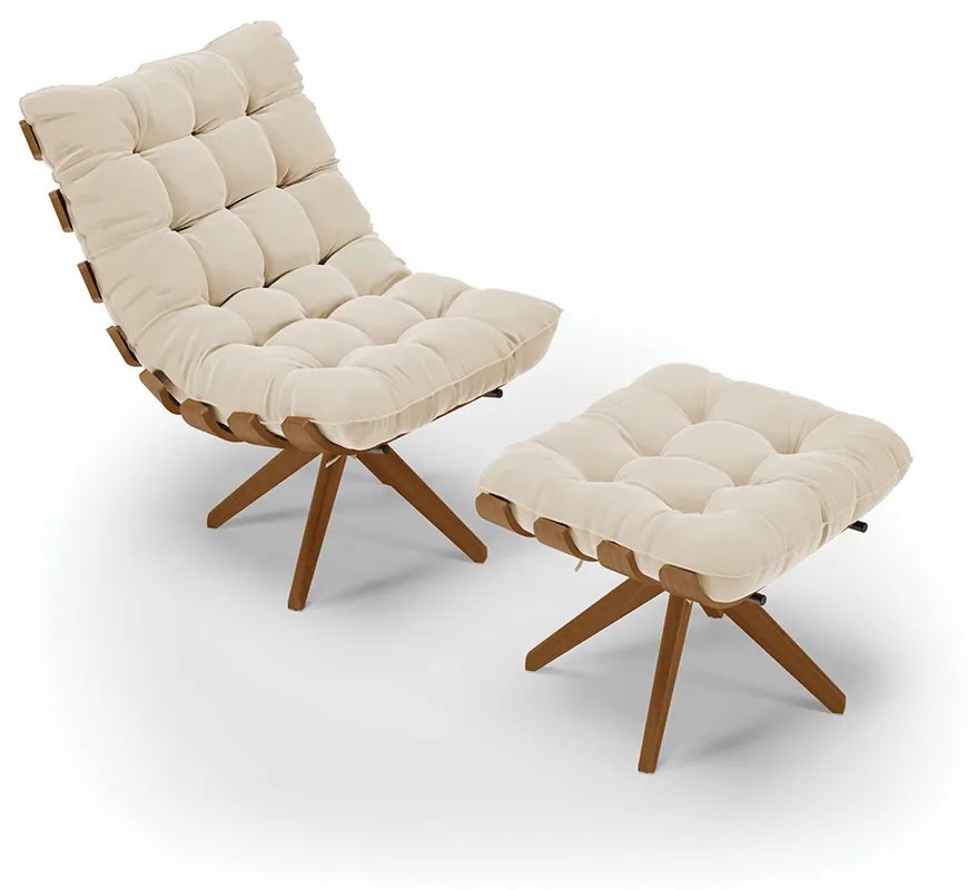 Poltrona com Puff Giratório Costela Suede Bege Base de Madeira MA30 M11 - D'Rossi