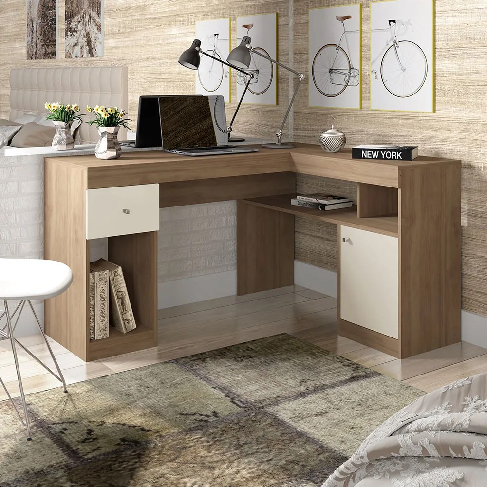 Escrivaninha Mesa Computador de Canto Office 137cm Suzan Bege Amarelado/Off White C01 - D'Rossi