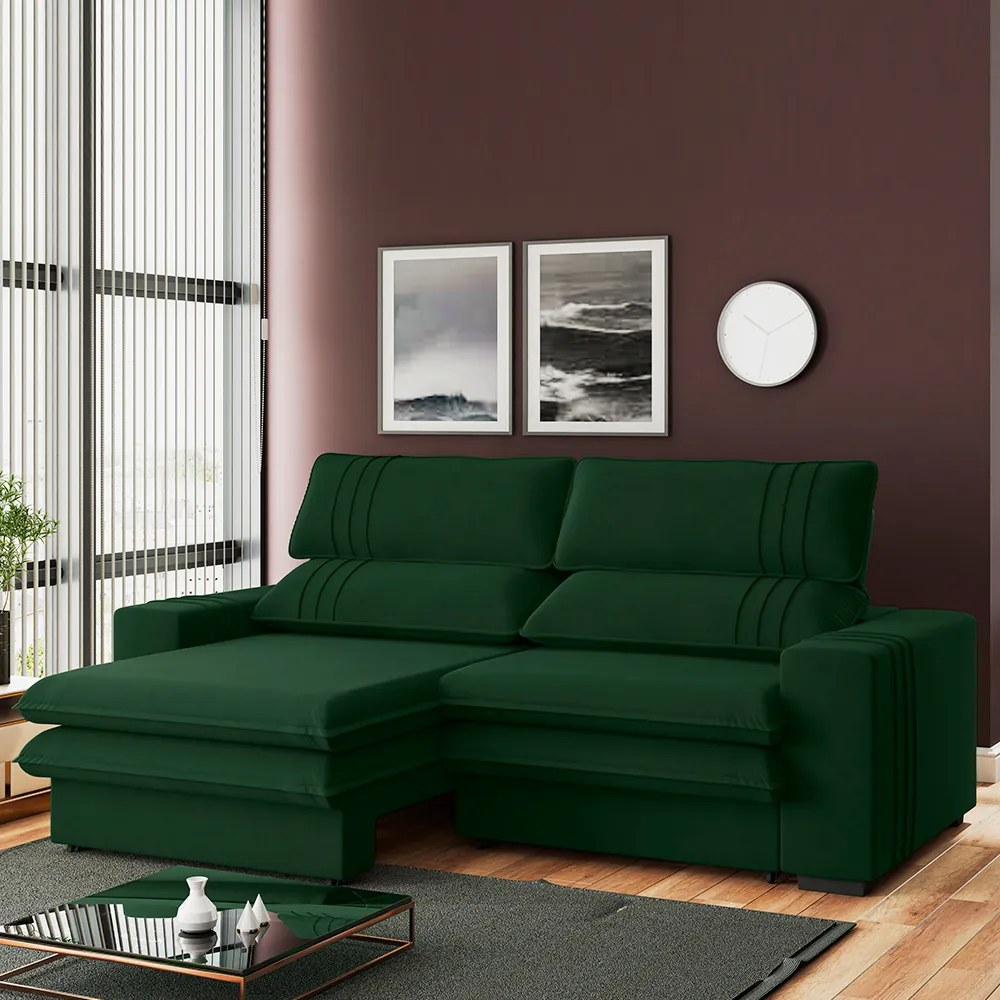 Sofá 2 Lugares Retrátil Noruega 230 cm Veludo Pés Tabaco - D'Rossi - Verde Militar