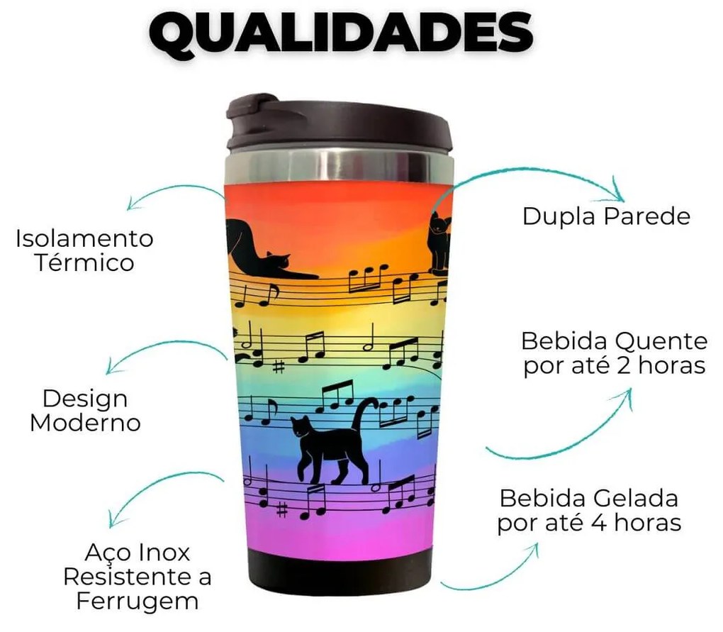 Copo Térmico 500ml Inox Gato Musical Arco iris