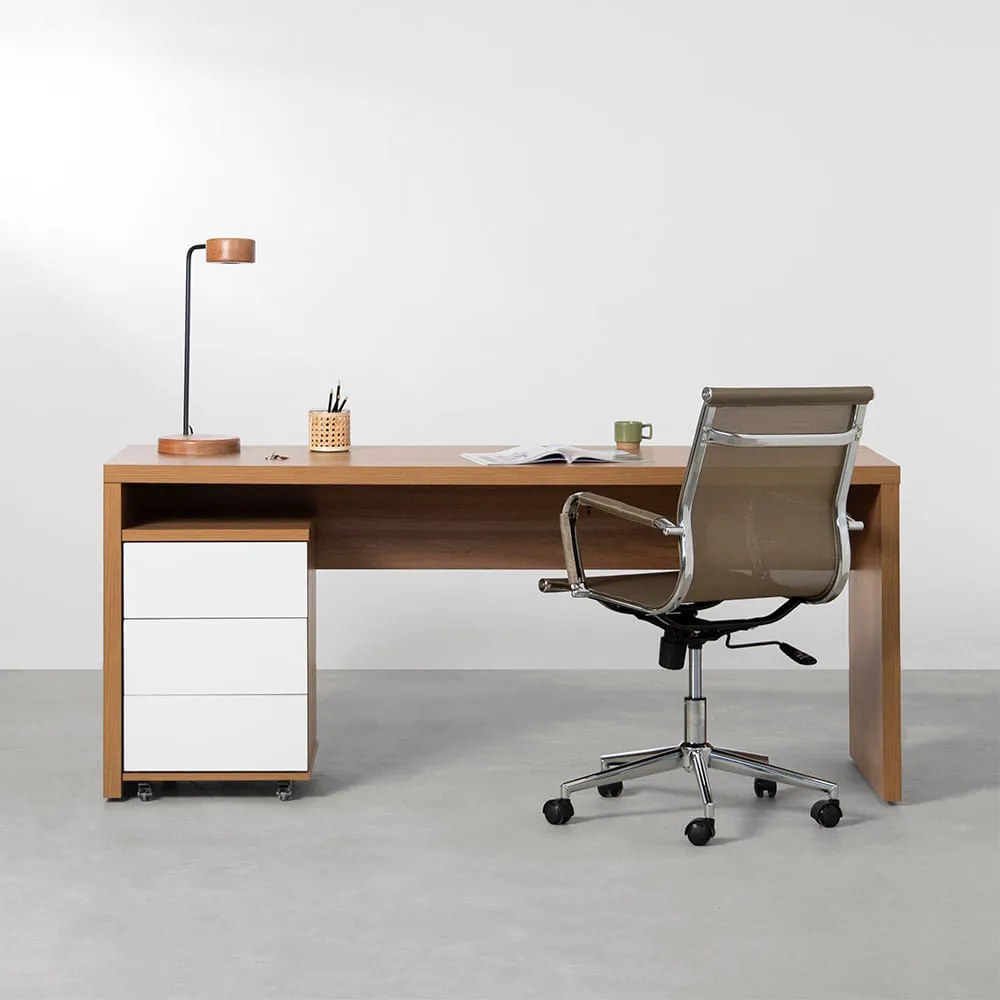 Conjunto Office - Bancada Contemporânea 1,36m + Gaveteiro Contemporâneo Louro Freijó + Poltrona Noruega Baixa Cobre - Conjunto Office - Bancada Contemporânea 1,36m + Módulo Contemporâneo Louro Freijó + Poltrona Noruega Baixa Cobre