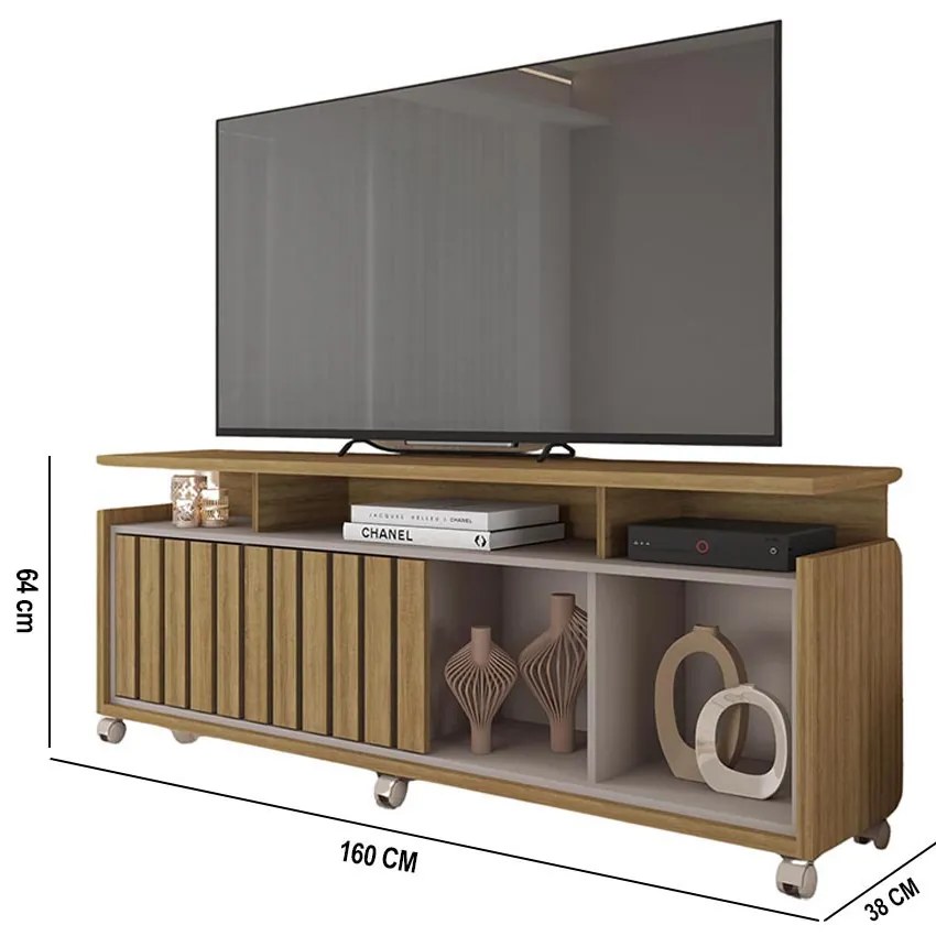Rack TV 70 Pol 160cm Bancada com Rodízio Sala Thaissa Bege Amarelado/Cinza C01 - D'Rossi