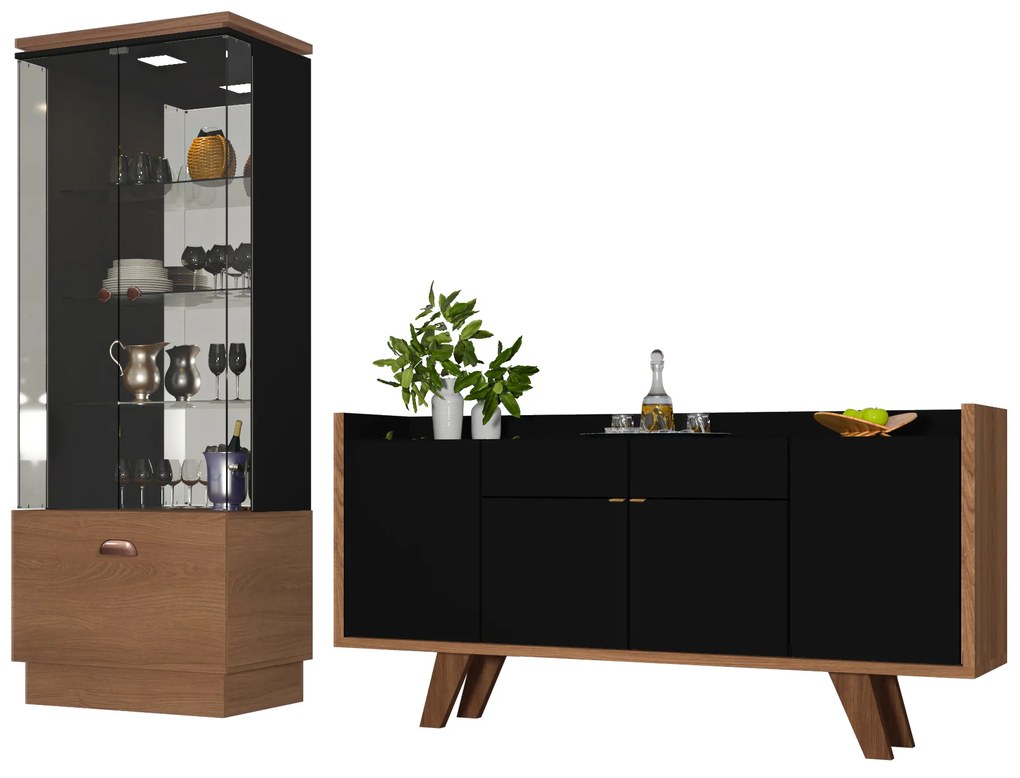 Conjunto Buffet Balcão e Cristaleira Decorativa Albani/Peggy Preto/Nature G26 - Gran Belo